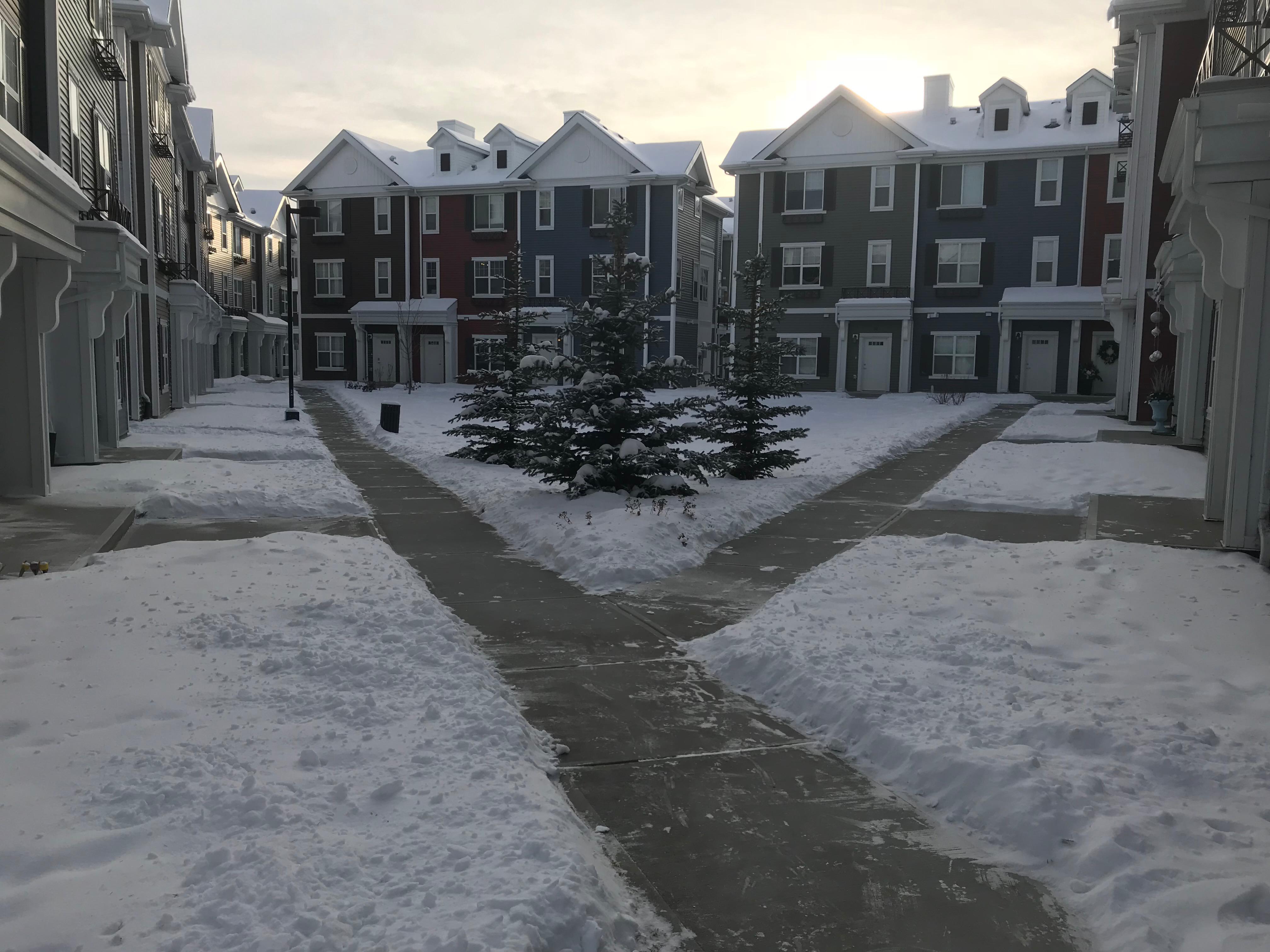 Same townhouse courtyard Y-shaped cleared walkway, slightly different angle